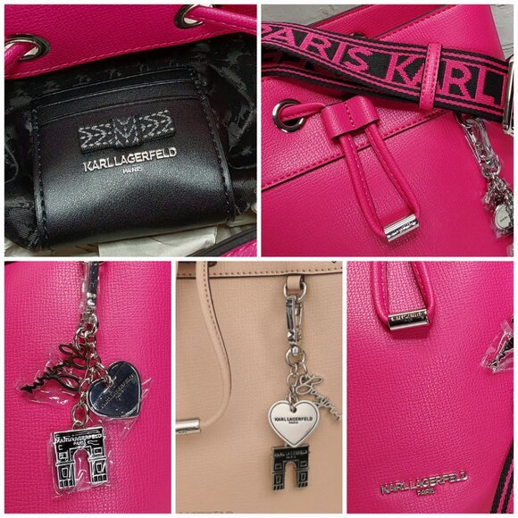 KARL LAGERFELD PARIS 'ADELE' BUCKET STYLE HANDBAG W/ LOGO WEBBING STRAP - Picture 10 of 16